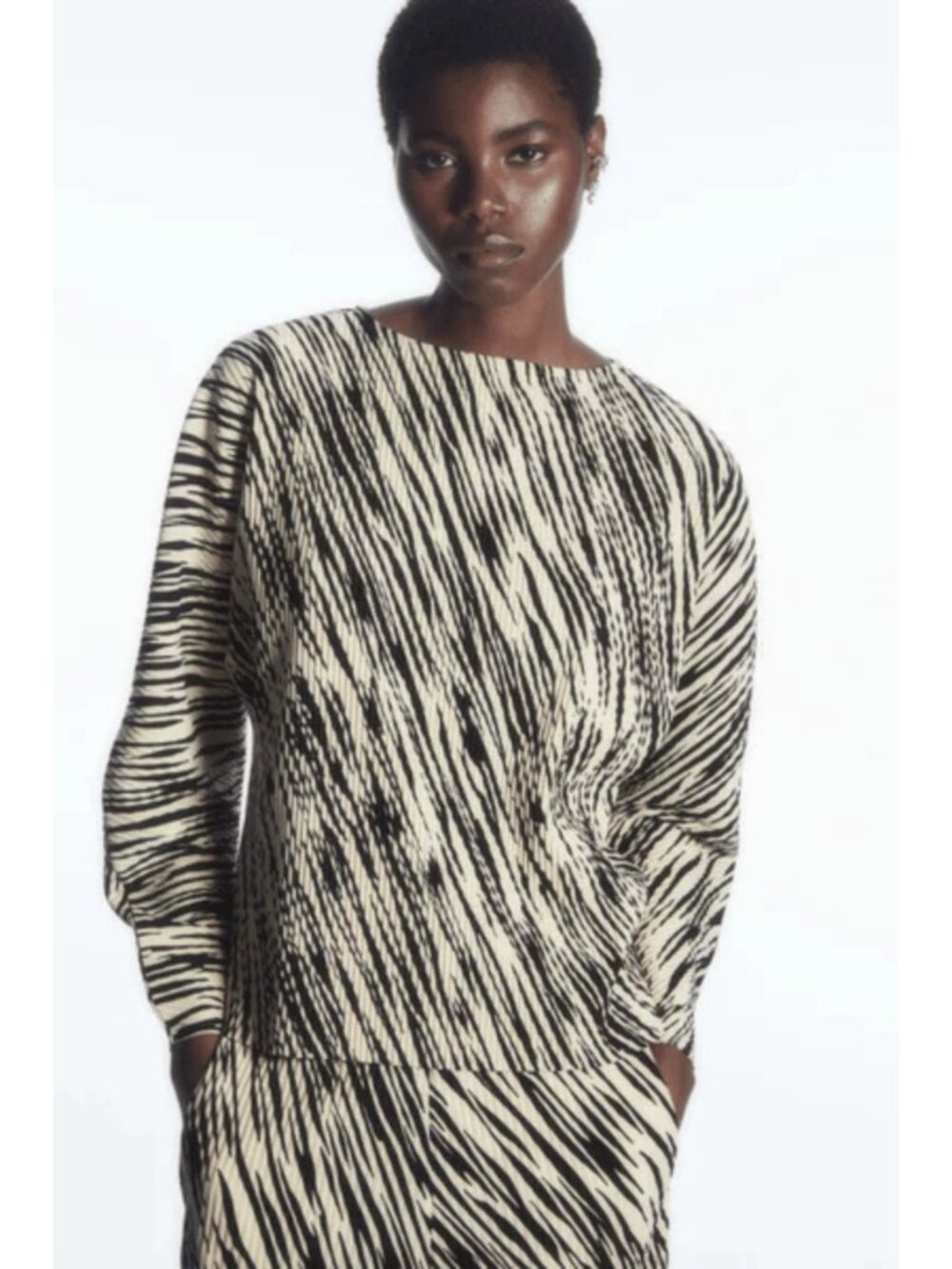 COS Rounded Pleated Zebra Print Top Balloon Sleeve Boat Neck EU XS
